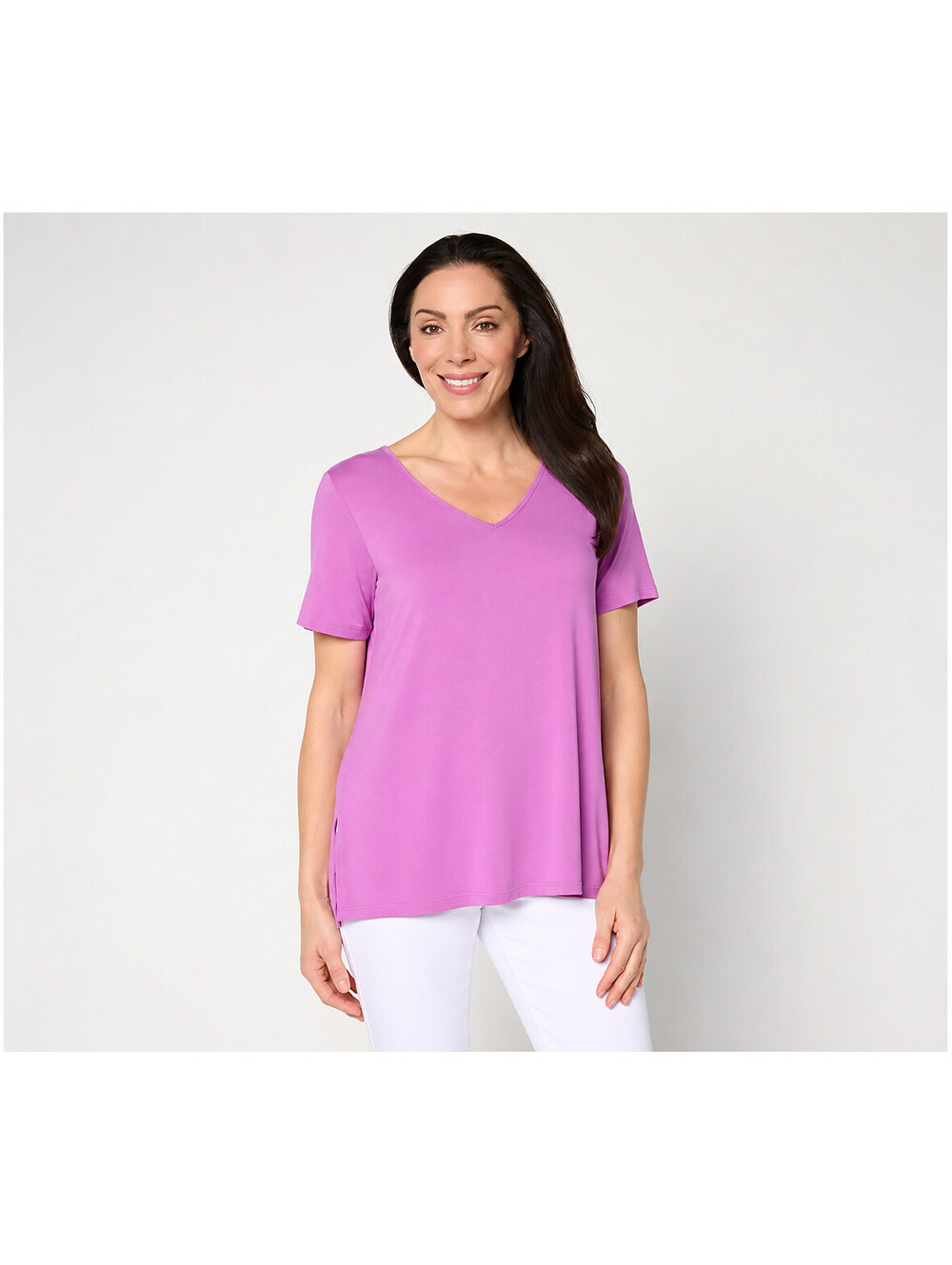 Susan Graver Essentials Regular Allure Knit High Low Top Orchid Bliss, Size 1X